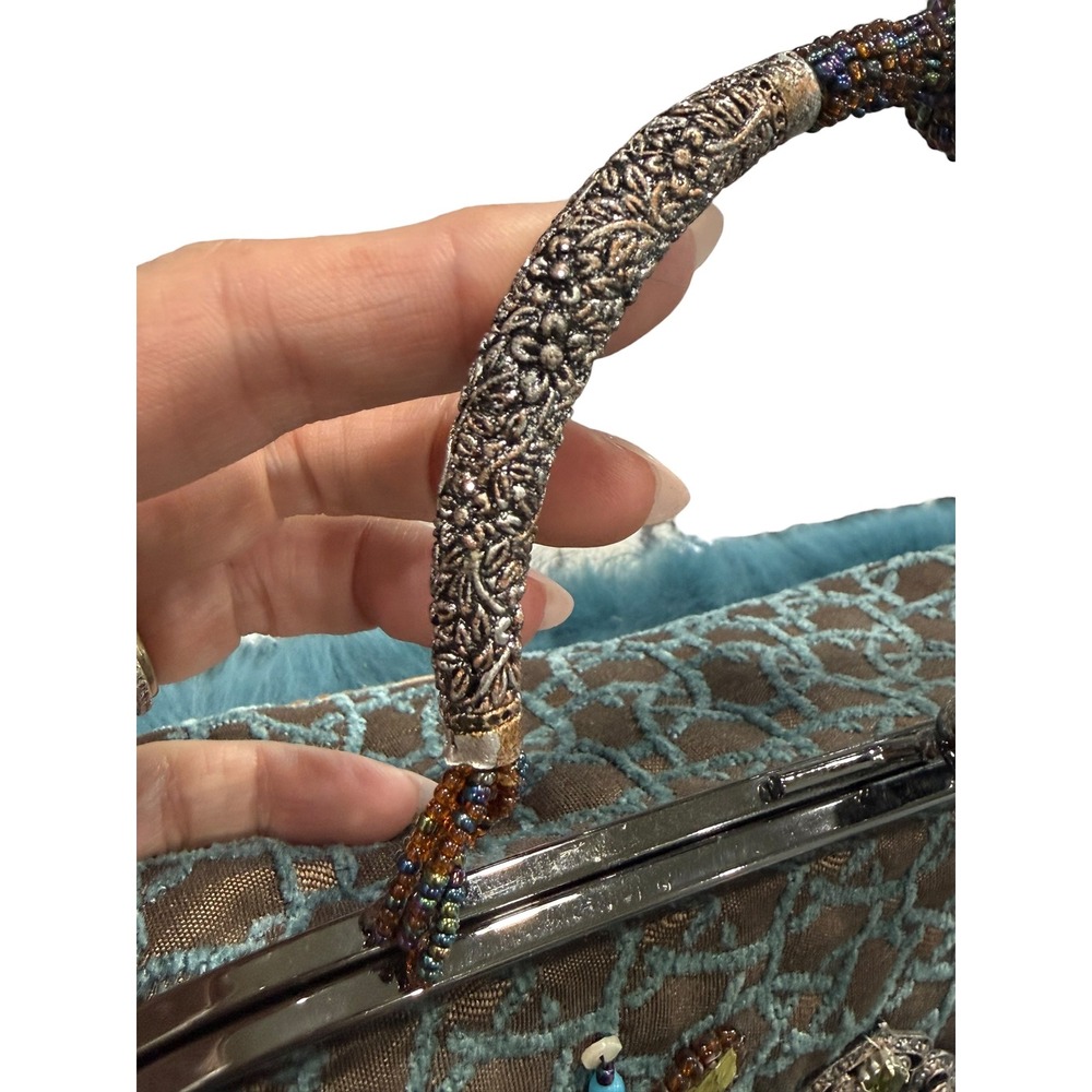 Mary Frances Beaded Feather Fur Evening Clutch Handbag Blue Brown Jeweled Purse - Picture 12 of 16
